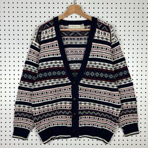 Expressions Northern‎ Isle Cardigan Knit Sweater Large Blue Red Cream Cosby 90s